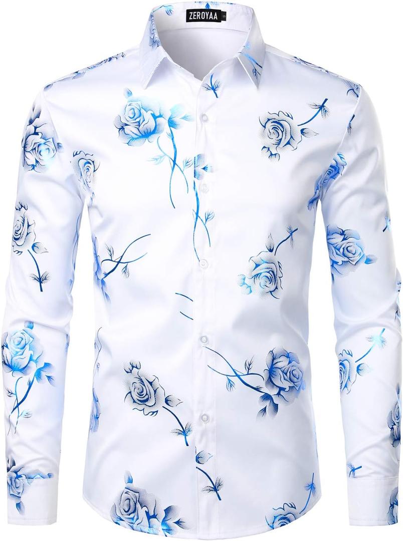 ZEROYAA Mens Hipster 3D Golden Rose Floral Printed Slim Fit Long Sleeve Button Down Dress Shirts (Small, Zzcl22-white Royal Blue)