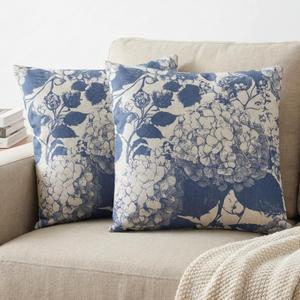 MAMYL Set of 2 Linen Floral Pillow Covers, Hydrangea Pattern Throw Pillow Covers, Boho Vintage Cushion Covers for Sofa, Living Room, Bedroom, Farmhouse Decor (Blue, 18''X18'')