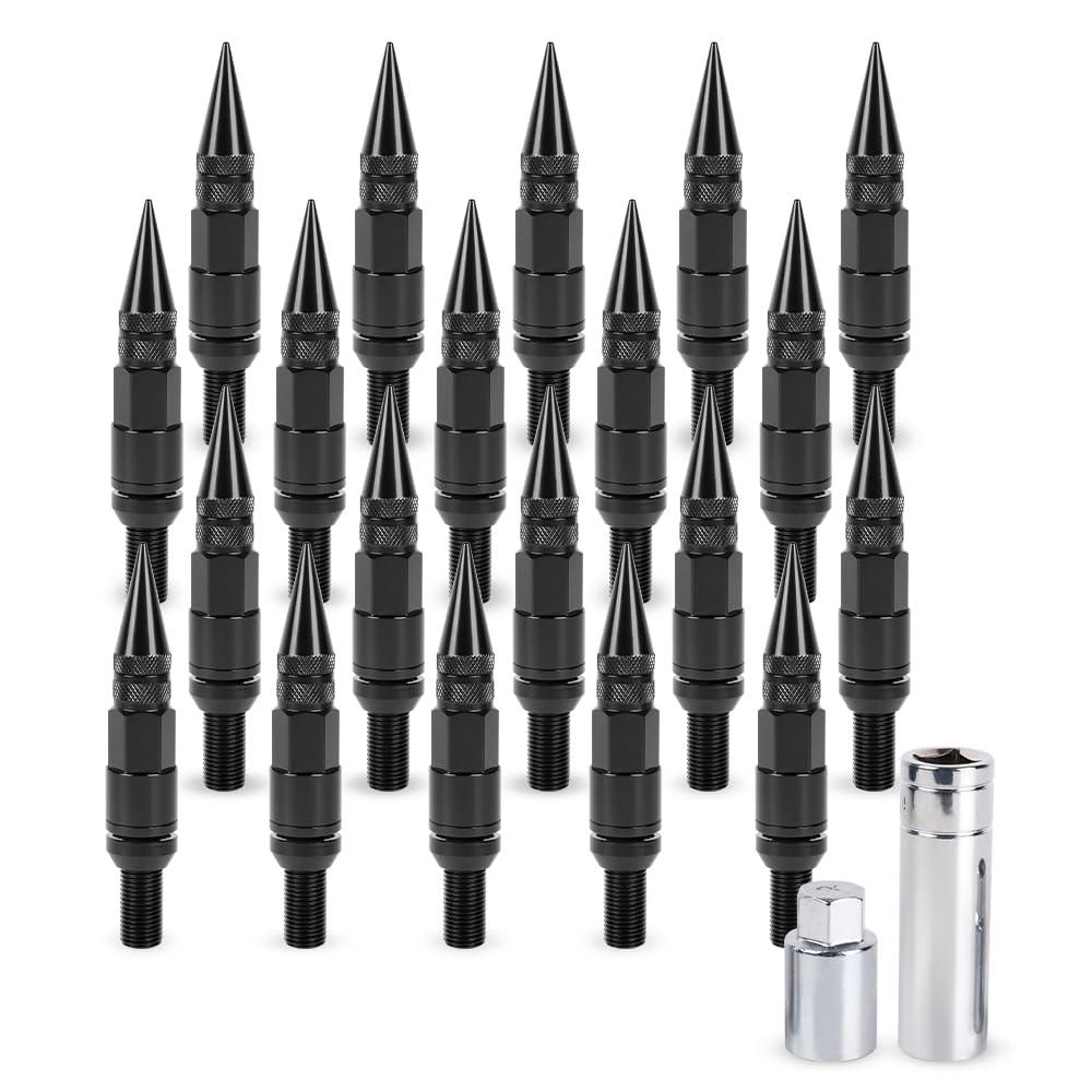 muge racing M14x1.5 Wheel Bolts 20 PCS, Conical Seat Lug Bolt with Aluminum Pointed Cap, Anti-Theft, Compatible for Buick, BMW, Mercedes-Benz, Audi, Volkswagen and More, 2 Socket Included, Black