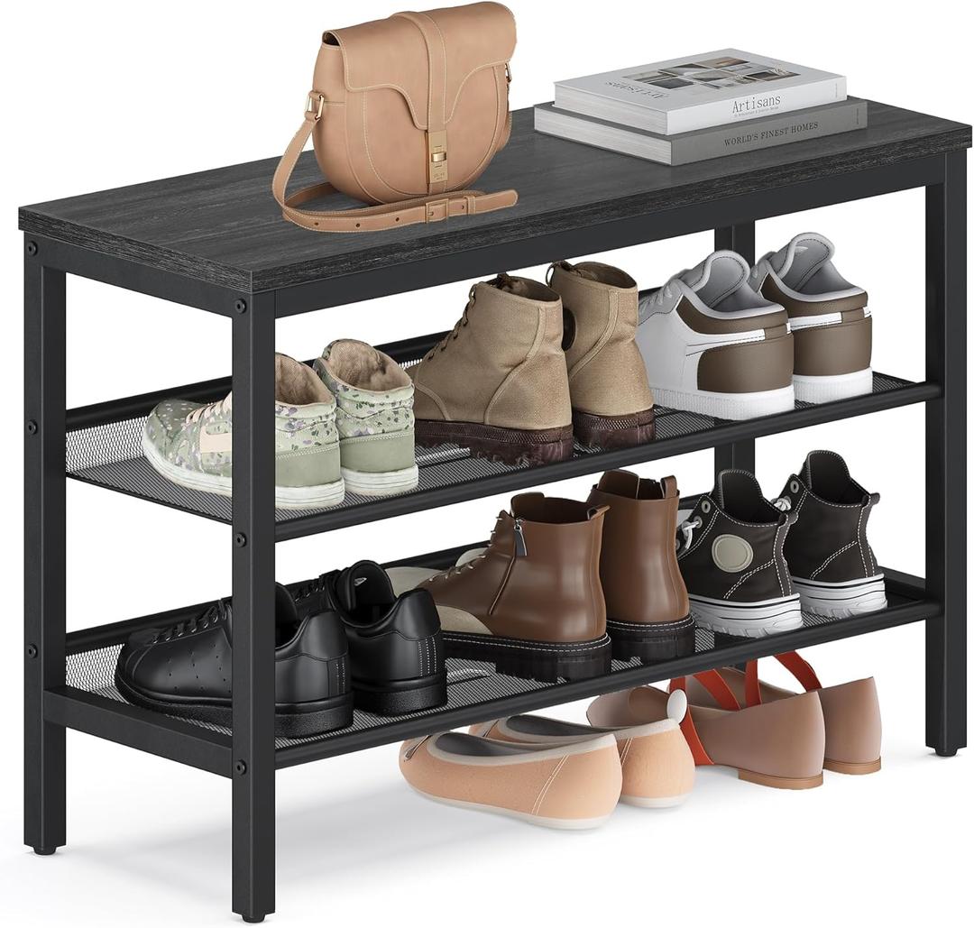 VASAGLE 3 Tier Shoe Rack Bench, One Piece Shelves, Shoe Storage Organizer with Raised Edges, Industrial Style, Easy Assembly, 11 x 29.5 x 19.7 Inches, Charcoal Gray and Matte Black ULSB070BA01S
