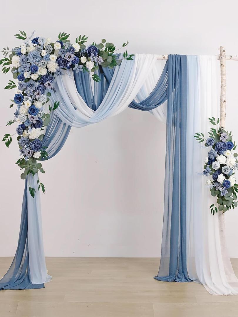 MISSPIN Blue Artificial Wedding Arch Flowers with Drapes Kit-Pack of 5, 2pcs Hanging Flower Arrangement 3pcs Hanging Sheer Drapes for Ceremony Reception Arbor Backdrop Floral Party Outdoor Decorations