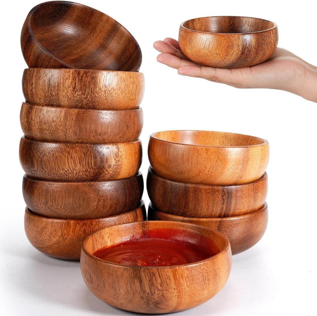 Skylety 10 Pcs Acacia Wooden Bowls Small Calabash Bowls Round Wood Salad Hand Carved Calabash Dip Tray for Serving Popcorn Pasta Candy Cereal Coconut Nuts Sauce Appetizers Kitchen (4 Inch)