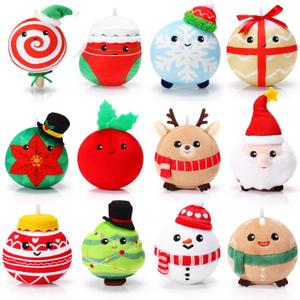 Aoriher 12 Pcs Christmas Plush Ornaments 3.15 Inch Plush Doll Toy Santa Claus Elk Snowman Gingerbread Man Christmas Tree Snowball Snowflake Gift Box Sock Candy for Xmas Party Favor Gifts
