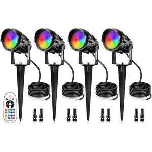 12W RGBW Color Changing Landscape Lights - Low Voltage LED Landscape Lighting, Remote Control Spotlight Outdoor Waterproof Garden Pathway Halloween Christmas Spot Lights, 4 Pack with Connector