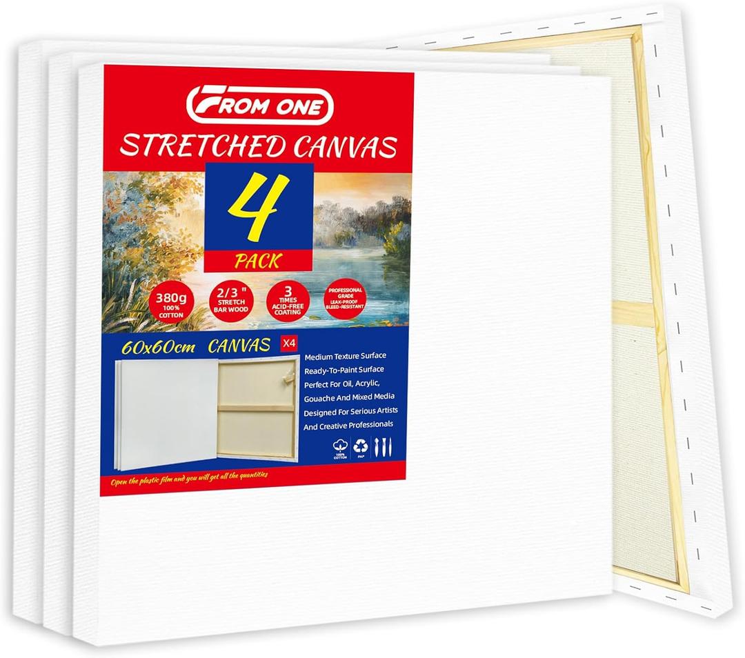 4 Pack Stretched Canvases 60 x 60cm (23 5/8 inch) –13.4oz (380gsm) Heavy-Duty 100% Cotton Canvas with Triple Gesso & Pre-Primed & Warp-Resistant Wood Frame for Oil, Acrylic & Mixed Media Artists, 4PK - 24"x24"
