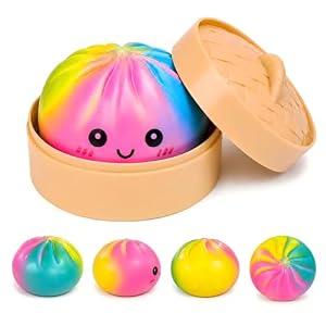 Binkahui Colorful Mystery Dumpling Squishies with Steamer Box, Soft Stretchy Bao Bun Stress Relief Balls, Sensory Fidget Squeeze Toys for Anxiety Relief, Decompression Desk Toys