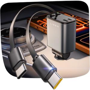 LISEN Retractable Car Charger USB C [Upgraded Dual Type C] 75W Fast 4 in 1 Car Charger for iPhone 17, RV Power Adapters for Men Women Mother, Car Accessories for Galaxy S26 Phone 17 Pro Max 16 15 (Grey)