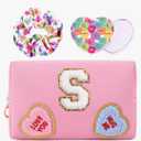 3 x Initial Makeup Bag with Mirror & Hair Scrunchies, Personalized Monogram Custom Cosmetic Bag Travel Toiletry Pouch, Birthday Gifts for Her Women Bridesmaid Teacher (S)