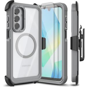 for Samsung Galaxy A16 5G Case, [Transparent & Holster Series] Belt Clip Full Body Shockproof Protective Cell Phone Cover with 2 Pack Tempered Glass Screen Protector (Gray/Clear)