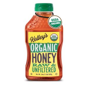 Kelley's 100% Organic Raw & Unfiltered Honey, USDA Certified, 24 Oz  All Natural, Flavor-Rich Honey for Fruits, Yogurt, Smoothies, Acai Bowls, Tea  Natural Sugar Substitute
