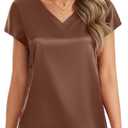 Nfsion Tops for Women Silk Satin Cap Short Sleeve Blouse V Neck Shirts Business Casual Outfits (M)