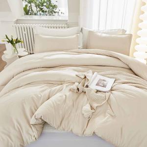 Beige Duvet Cover Set Queen Size, 3 Pcs - Luxury Soft Microfiber Down Comforter Bedding Cover with Zip, Ties - Neutral Solid Color Modern Style Bed Sets for Women and Men, 90 x 90 inch Cream