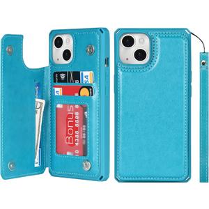 iCoverCase Compatible with iPhone 13 Wallet Phone Case with Card Holder for Women, RFID Blocking Embossed PU Leather Wrist Strap Case 6.1 Inch (Macaron Blue)