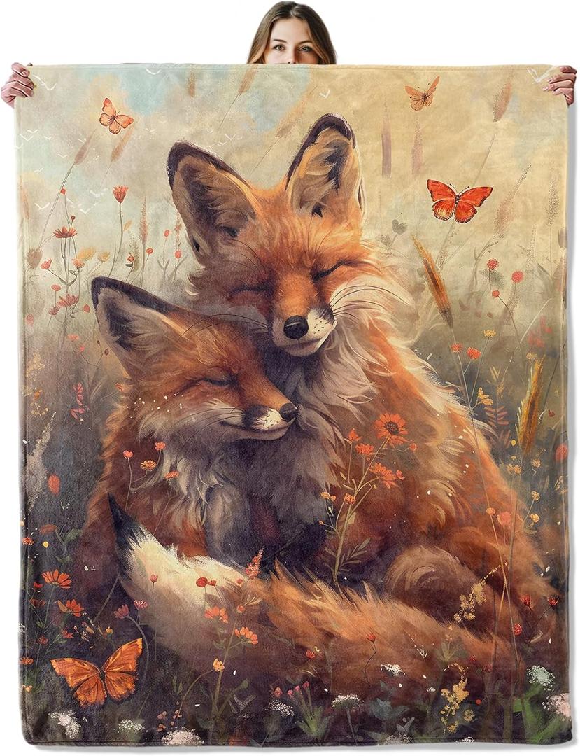 Woodland Fox Throw Blanket for Girls Boys Kids Adults, 50x60 in, Cozy Flannel Blanket for Bedroom, Camping, Couch, Room Decor, Fuzzy Warm Soft Gifts