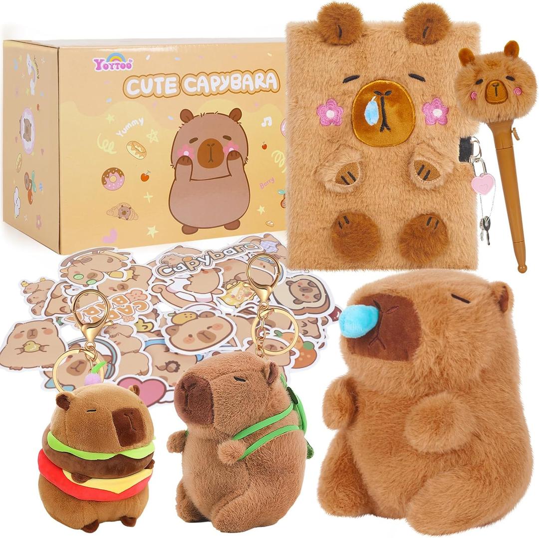 Capybara Gifts for Girls, Kids Capybara Plush Toys Set with Capybara Stuffed Animal, Secret Diary, Ballpoint Pen, Stickers, Birthday Gifts for Little Girls Age 5 6 7 8 9 10-12 Years Old