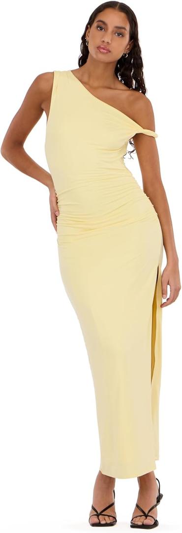 Forever 21 Women's Maxi Dress with Side Ruching Detail and High Neckline, Yellow, L