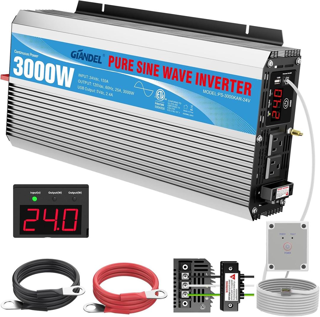 24V Pure Sine Wave Power Inverter 3000Watt DC 24V to AC120V ETL UL458 Listed with 30 Amps Hardwire Terminal Blocks and 30 Ft Wired Remote Contro for Truck