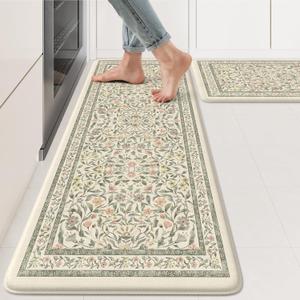 KIMODE Anti Fatigue Kitchen Mats for Floor, Boho Floral Kitchen Rugs Sets of 2, Cushioned Kitchen Floor Mats Non Slip, Comfort Spring Rugs for Kitchen Floor Sink Laundry Desk Beige 17.3"x29"+17.3"x47"
