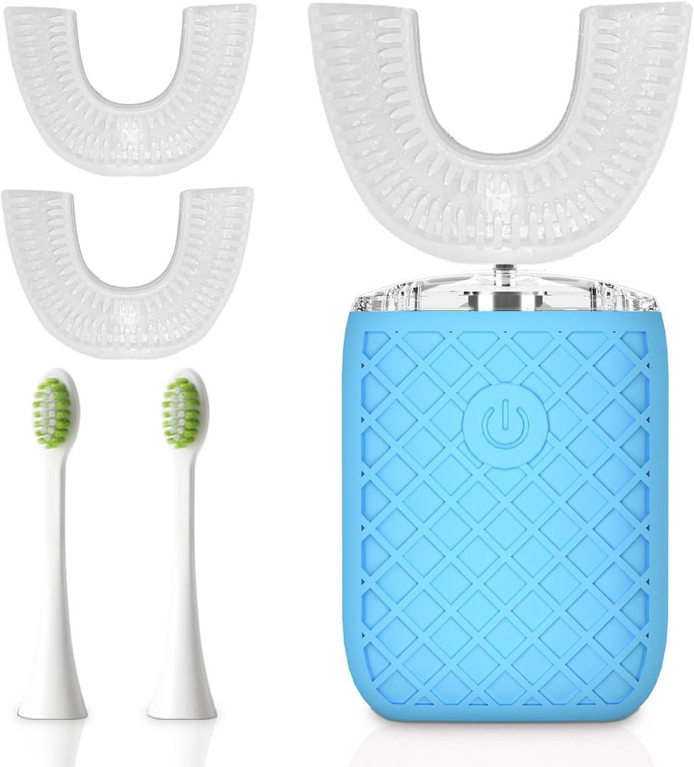 Adult Sonic Automatic Electric Toothbrush, 360 Oral Cleaning Stain Whitening, IPX7 Waterproof Rechargeable, u-Shape Brush Head*3+Straight Handle Brush Head*2 (Blue)