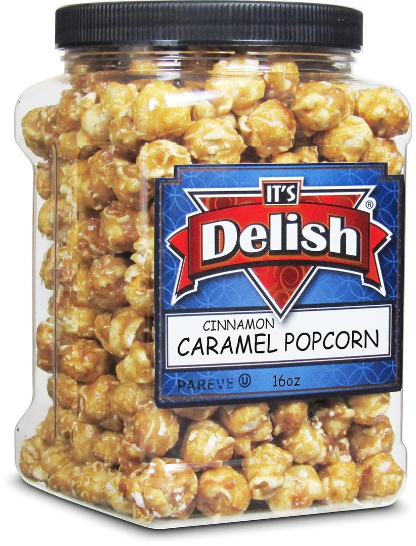 It's Delish Gourmet Cinnamon Caramel Popcorn by Its Delish, 16 OZ Jumbo Container Caramel Corn Air Popped Sweet & Crunchy Glazed Carmel Corn Snack - Gluten Free, Vegan, Kosher, 1 Count (EXP 05/11/28)