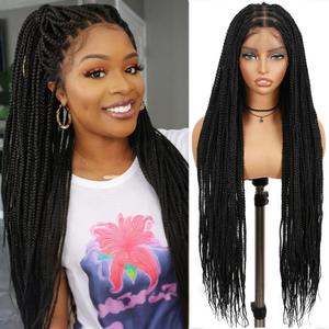 Fancy Hair 38 inch Knotless Box Braided Wigs for Black Women Glueless Double Full Lace Braid Wig with Baby Hair Synthetic Black Lace Front Braided Wig for Women, Black
