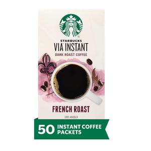 Starbucks VIA Instant Coffee, Dark Roast Coffee, French Roast, 100% Arabica, 1 box (50 packets), No BB Date