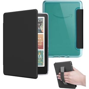 HOICHOE Case for All-New 7" Kindle Paperwhite 12th Gen 2024 and Kindle Colorsoft Signature Edition, Light PU Leather Cover and Transparent Hard Back Shell with Hand Strap, Auto Sleep/ Wake, Noble Black