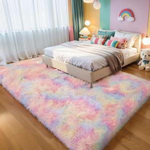 KICHOWUA Thick Area Rug 6x9 Unicorn Fluffy Shag for Girls Bedroom Living Room, Rainbow Soft Plush Fuzzy Washable Thickened Non-Slip Shaggy Pastel Large Carpet for Princess Kids Nursery Boys Dorm Room