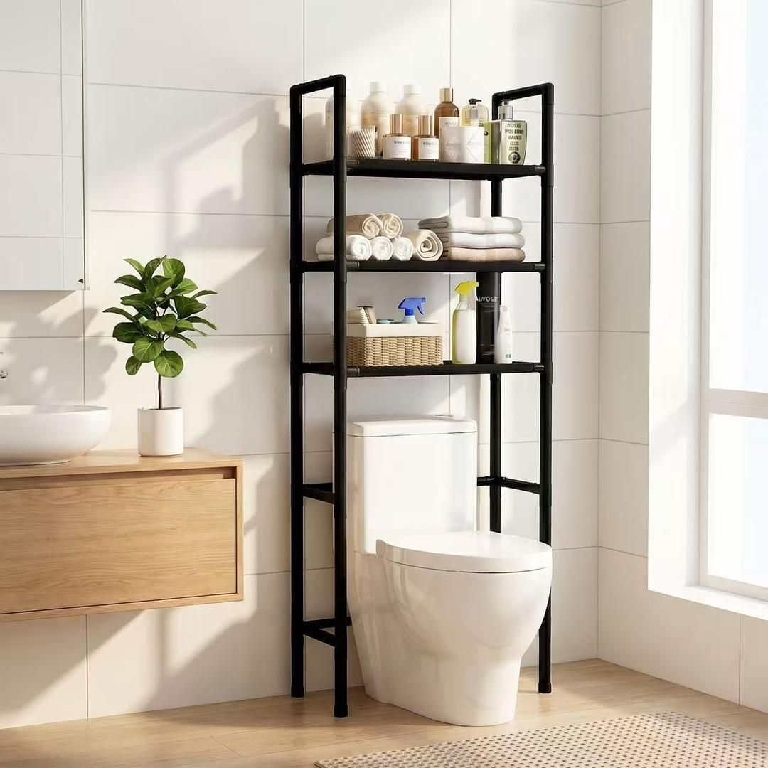 Renyqatt Over the Toilet Storage, 3-Tier Bathroom Organizer, Freestanding Above Toilet Shelf with Adjustable Feet, Space Saving, Easy Assembly, Carbon Steel Shelf, 61" H, Black