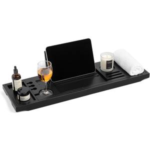 Realgulf Bamboo Bathtub Tray Caddy - Splash-Proof Adjustable (28.5-40") with Wine Holder, Tablet Stand & Non-Slip Grip | Spa-Grade Organizer for Bath Essentials & Reading- Black
