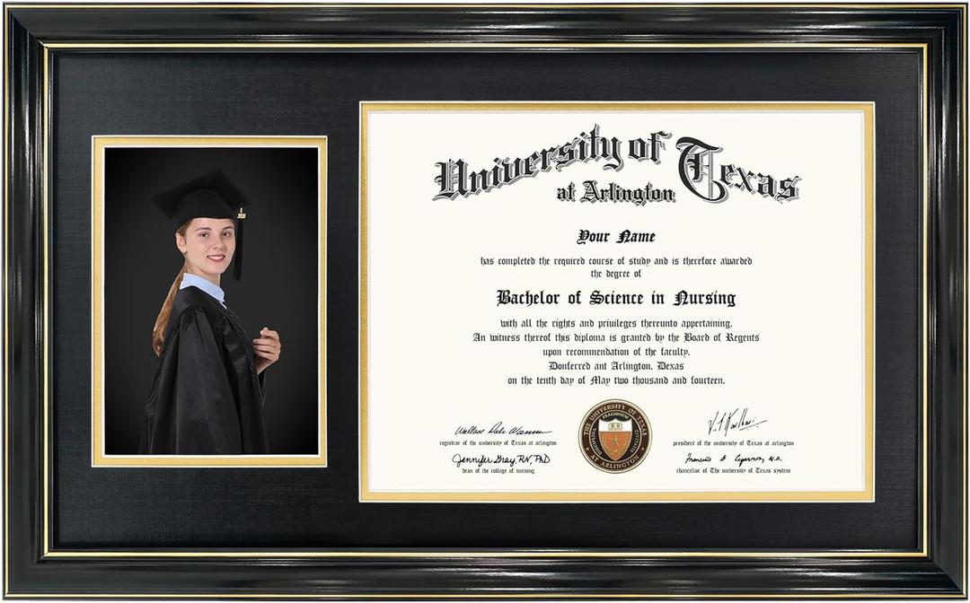 GraduationMall 11x19 Black Diploma and Photo Frame for 8.5x11 Certificate,5x7 Picture,Tempered Glass,Black over Gold Double Mat