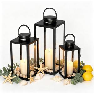 Decorative Metal Candle Lanterns Set, Hanging & Tabletop Hurricane Lanterns Holders for Patio, Porch, Garden, Wedding, Party Decor, Indoor/Outdoor Use, Black