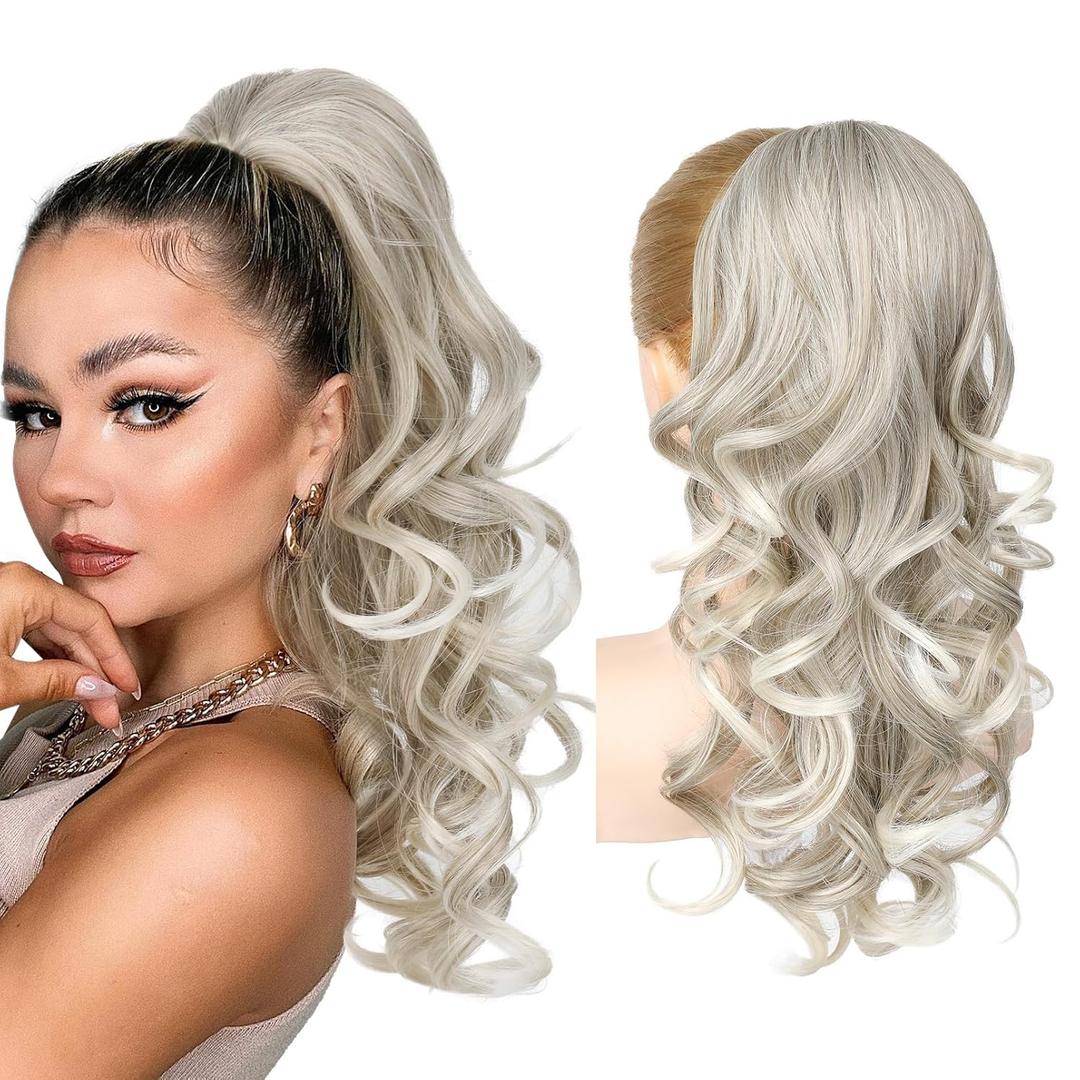 REECHO Ponytail Extension, 18 inch Wavy Drawstring Ponytail Hair Extension for Women, Natural Synthetic Fake Pony Tails Hair Extensions Clip in Hairpiece for Women, Ash Brown with White Ends
