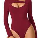 Avidlove Women Long Sleeve Bodysuit Scoop Neck Cutout Thong Body Suits Double Lined Slim Fitted Leotard Going Out Tops (Large, Wine Red)