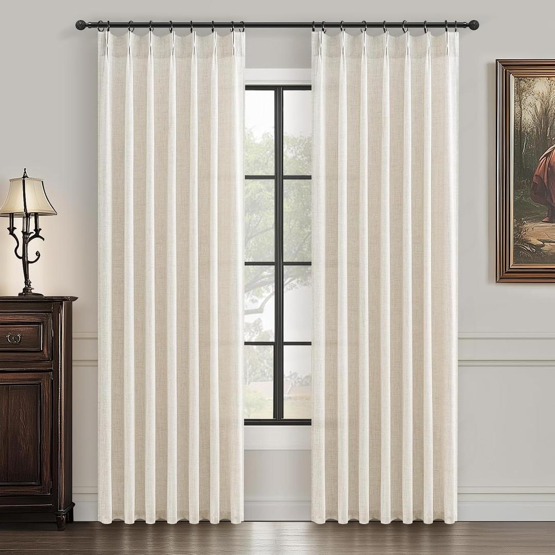 Pinch Pleat Thick Linen Viral Curtains 84 Inch Length 2 Panels Set for Living Room,Cream Beige Neutral Pleated Semi Sheer Curtain Light Filtering Privacy Let Light in Bedroom Window Drapes 40" Wx84 L