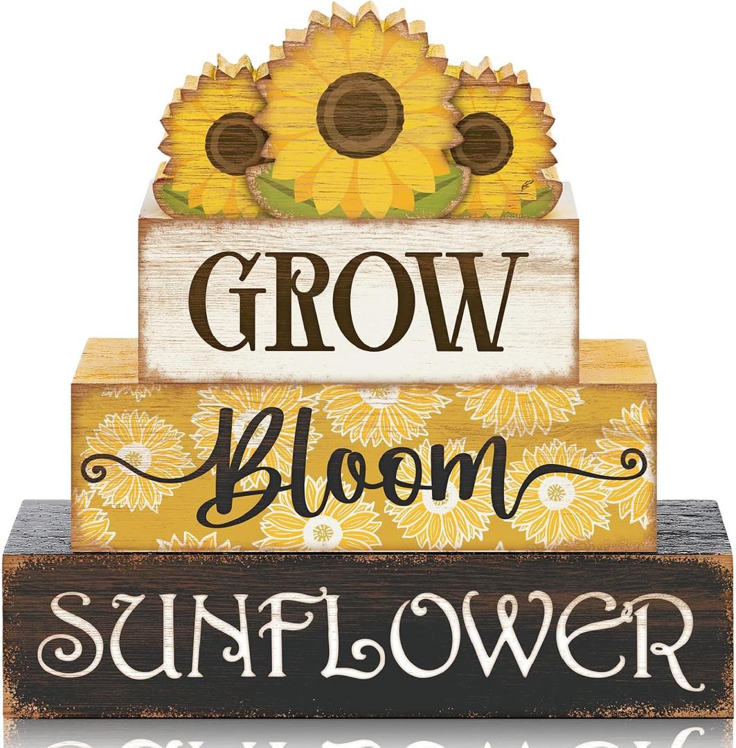 4 Pcs Summer Wooden Tiered Tray Decor Farmhouse Rustic Table Decor Books Stack Block Signs for Table & Home Office Decorations(3 Sunflower Style)