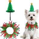 Dog Christmas Outfit Costume Suit, Cat & Small Dog Tutu Collar and Green Shiny Hat Set for Christmas Holiday Birthday Party