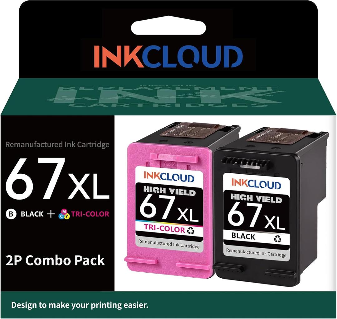 INKCLOUD Remanufactured Ink Cartridge Higher Yield Replacement for HP 67XL Printer Ink for HP 6055 6052 6058 6075 Pro 6455 6455e 6452 6458 1255 2732 2752 2755e 4140 4155(1 Black 1 Tri-Color, 2Pack)
