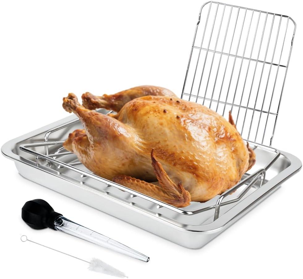 Stainless Steel Turkey Baking Roaster Pan Roasting Pan with V Rack, for Smoking and Grilling Chicken, Bird, and Pork Cooking Rack with 15.5*11.6*2 inch Roasting Pan for Smokers, Grill and Oven