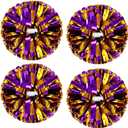 4Pcs Metallic Cheerleading Pom Poms, Creatiee 2 Pair Cheerleader Cheering Squad Pompoms for School Sports Dance Games Team Spirit Cheer (Purple-Gold)