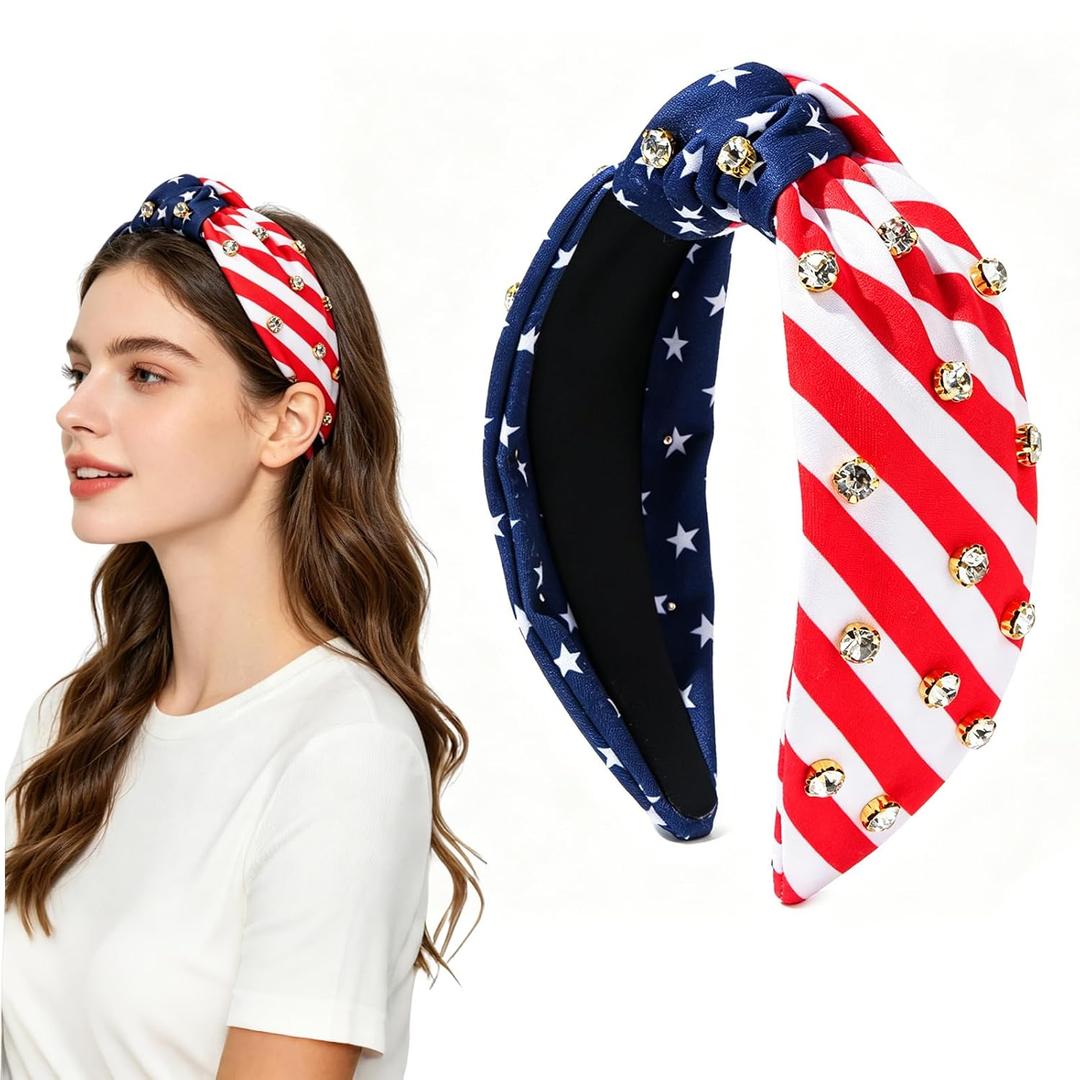 American Flag Knotted Headband for Women, 4th of July Headband with Rhinestones, Patriotic USA Flag Hair Accessories for Independence Day, Parade, Party and Daily Wear