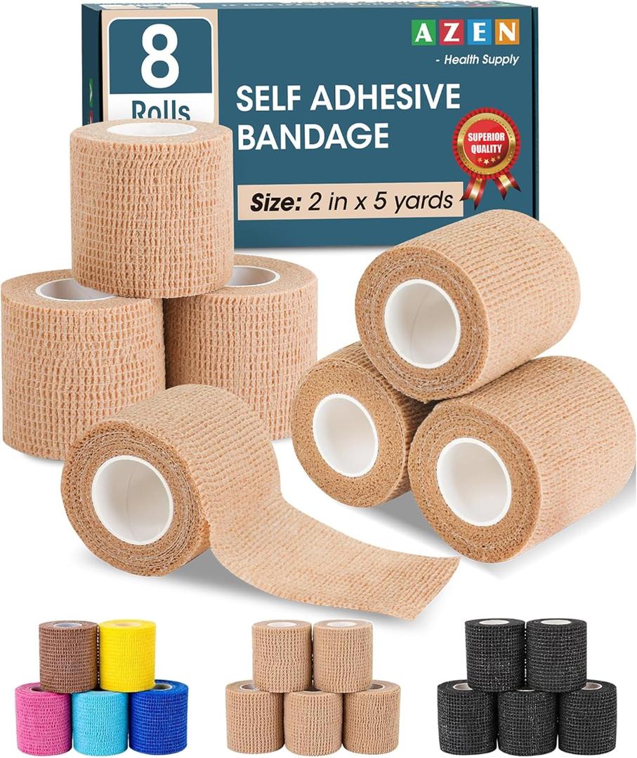 AZEN 8 Pack Self Adhesive Bandage Wrap, 2" X 5 Yards Elastic Cohesive Bandage Wrap, Skin Color Athletic Tape, Vet Wrap, Ankle Tape