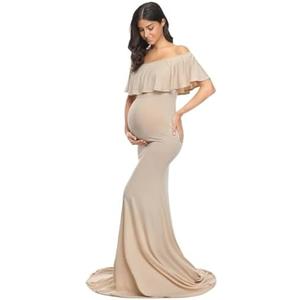 Glampunch Womens Off Shoulder Maternity Dress Ruffles Elegant Slim Gowns Fit Maxi Photography Dress, Small, Beige