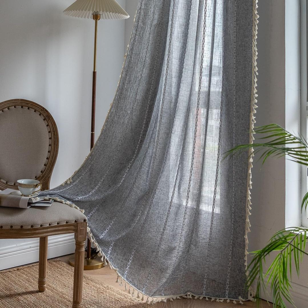 Sutuo Home Boho Curtain for Bedroom Living Room Kitchen, Semi Blackout Linen Farmhouse Shabby Chic Tassels Window Treatment Bohemian Embroidery Drape, Rod Pocket 1 Panel 52" W x 84" L, Black Grey