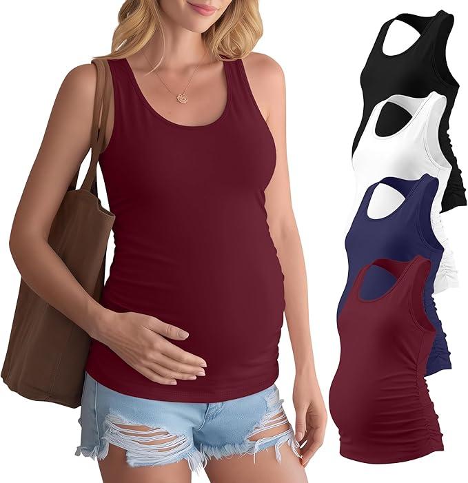 4 Pack Women's Maternity Tank Tops Racerback Sleeveless Crewneck Pregnancy Shirts Summer Side Ruched Mama Clothes, Large