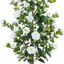 BLOSMON Artificial Trees for Home Decor: Indoor 4.9ft Tall Fake Plants Outdoor Camellia Flowers Tree for Front Porch - Faux White Rose Plant with Pot for Living Room Door Patio Deck Yard