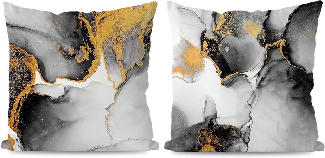 KEUSPI Black and Gold Pillow Covers 18x18 Abstract Black and Grey Gold Throw Pillow Cover Set of 2, Abstract Pillow Covers for Bedroom Home Decor Housewarming Gifts