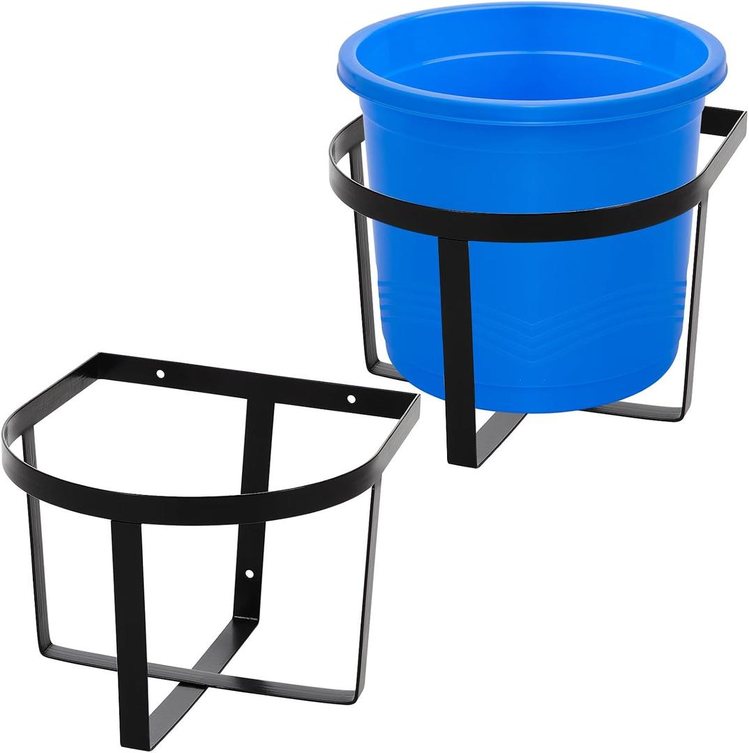 Teenyyou 2 Pcs Heavy Duty Metal Bucket Holder Securely Bucket Hangers for 5 Gallon Horse Water and Feed Pre Installed Pail Holder for Horses, Wall Mount(Two Strip Style)