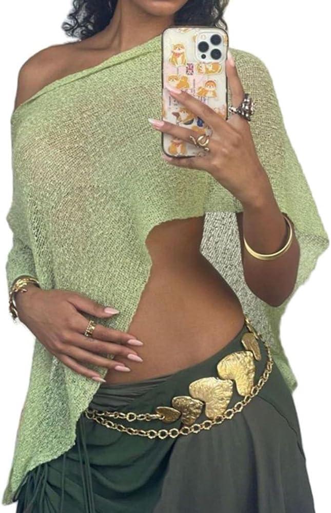 Women Sheer Poncho Top See Through Knit Shrug Mesh Blouse Off The Shoulder Pullover Summer Beach Cover Up Tops (One Size, Green)