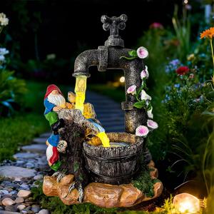 Solar Garden Gnomes Statues Outdoor Yard Decorations, 10" Resin Fountain Gnome Outside Christmas Art Decor for Lawn Patio Porch Backyard,Unique Housewarming Gifts for Women Mom Grandma